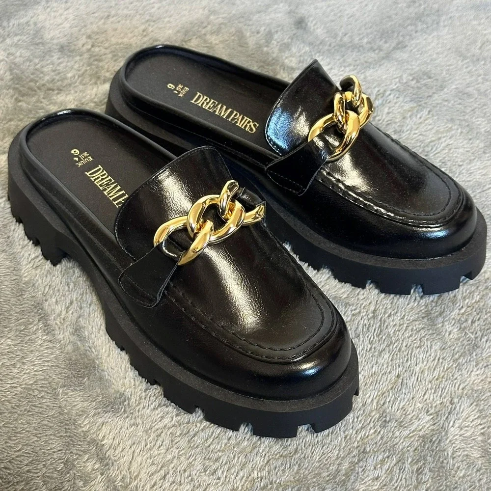 Dream Pairs Black Chunky Lug Sole Penny Mule Loafers Gold Chain Women's 6 NWOB